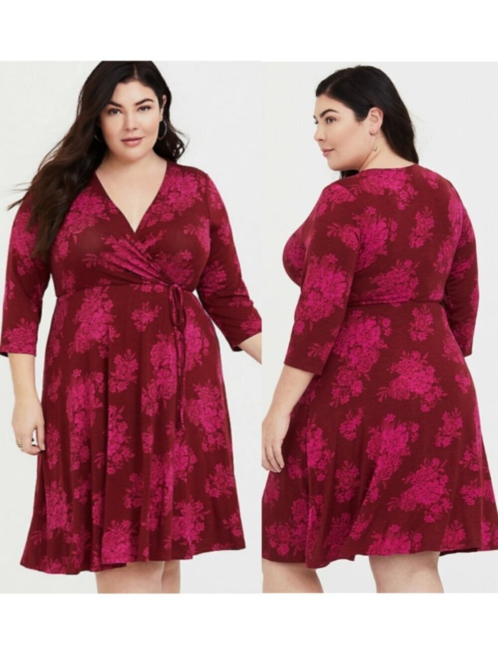 TORRID 1 Plus Size Red Floral Jersey Knit Dress 3/4 Sleeve Faux Wrap Fit & Flare